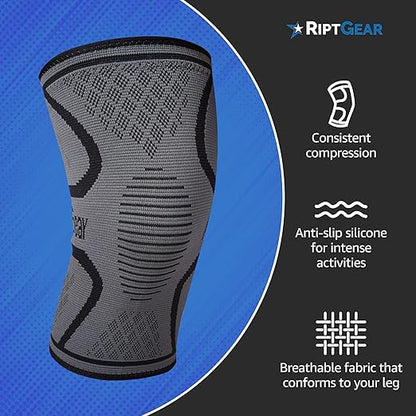 RiptGear Knee Compression Sleeve - Braces for Knee Pain - Compression for Arthritis, Meniscus Tear, Running, Walking - Support for Women and Men - Sleeves Weightlifting (Small, Gray (1 Pack))