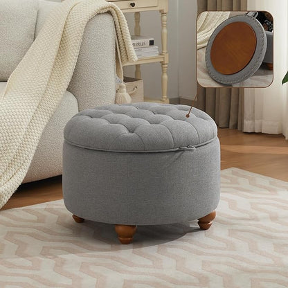 24Inch Round Storage Ottoman with Tray, Modern Tufted Fabric Circle Coffee Table with Storage, Upholstered Ottoman with Removable Top for Living Room, Bedroom, Light Grey