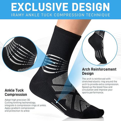 IRAMY Compression Ankle Support Crew Socks Men Women Wicking Plantar Fasciitis Relief Running Hiking Socks 3 Pairs