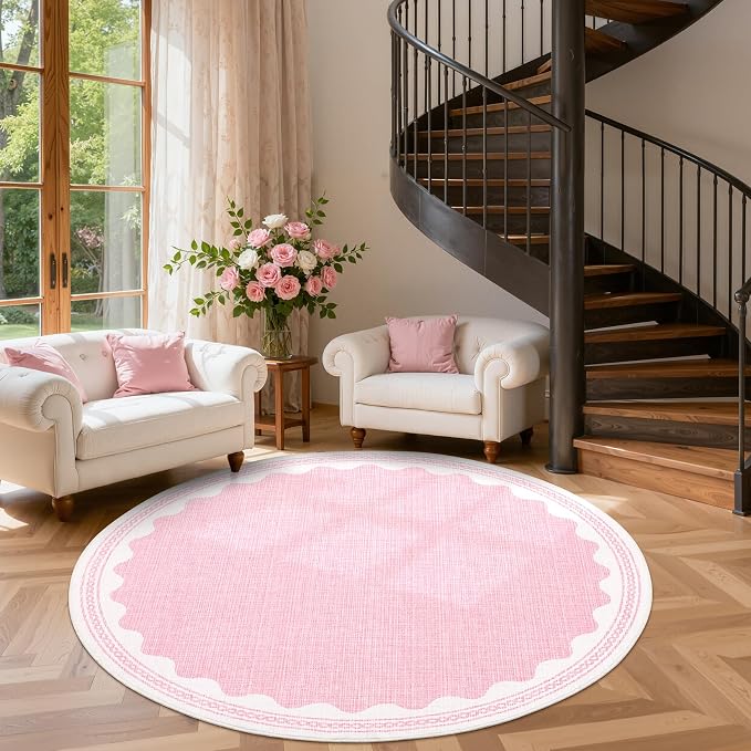 GarveeHome Scalloped Edge Solid Pink 4ft Round Rug Circle Modern Minimalism