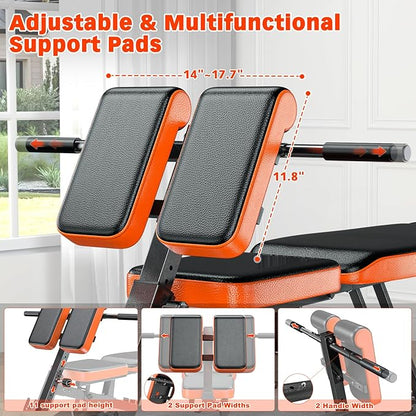 XDDIAS Roman Chair, Adjustable Weight Bench Back Extension Machine for Home Gym, 1000LBS All-in-One Sit Up Bench with Dumbbell Rack, Incline, Decline, and Flat Bench for Hyperextension, Core, Glute
