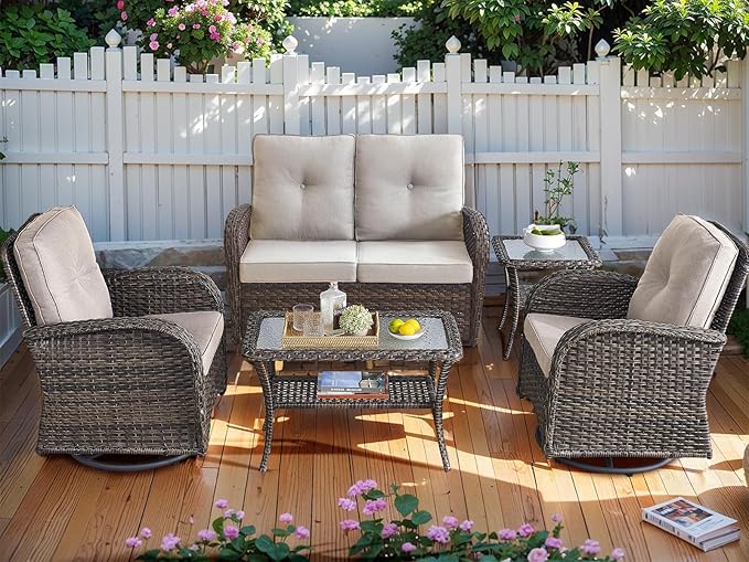 HUMMUH 5-Piece Patio Furniture Wicker Outdoor Conversation Set,All-Weather Rattan Swivel Chairs Bistro Set with Loveseat Coffee Table for Backyard,Poolside,Deck(Brown/Beige)