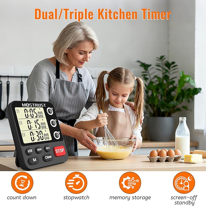 Digital Dual Kitchen Timer, 3 Channels Triple Countdown Timer for Cooking, Magnetic Memory-Preset Large Display Adjustable Volume, Multi Time Management, 3A Battery Included, Black