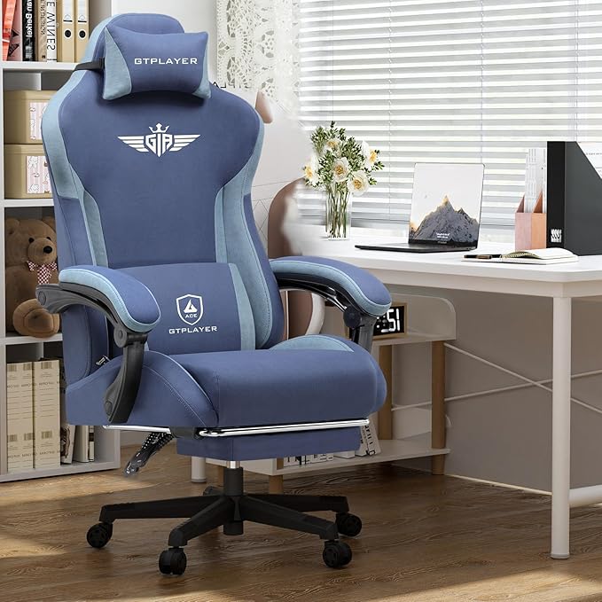 GTPLAYER Gaming Chair Fabric with Footrest, Big and Tall Game Chair High Back Computer Office Chair with Lumbar Support for Adults, Ergonomic Swivel Games Chair with Cushion Gaming Dark Blue