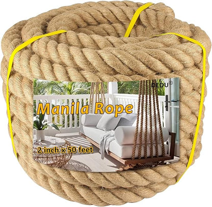 Manila Rope 2 Inch X 50 Ft, Thick Hemp Rope 4 Strand Twisted, Natural Hemp for Crafts Heavy Duty Multipurpose for Swing Bed, Camping, Tug of War, Docks, DIY Projects.