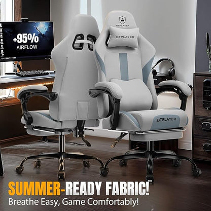 GTRACING Gaming Chair with Foot Rest & Pocket Spring Cushion, Breathable Fabric for Home Office Desk, Ergonomic High Back Computer Chair with Headrest & Lumbar Support, Gray