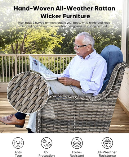 HUMMUH 6 inch Thick Cushion Wicker Patio Furniture Set with Outdoor Swivel Rocker Patio Chairs,High Back Outdoor Couch and Coffee Table for Porch Garden Deck
