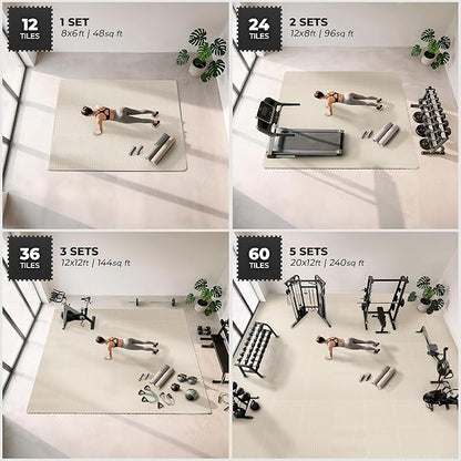 bemaxx Gym Mats Set - 12 pcs EVA Interlocking Foam Floor Tiles (24.4"x24.4"x0.4") 48 sqft Protective Gym Flooring Sports Home Workout Exercise Mats Puzzle Garage Fitness Play-Room Pool Treadmill Bike