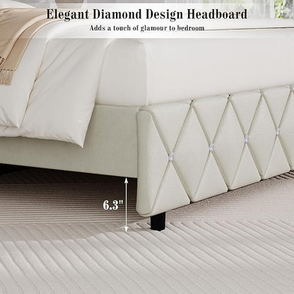 BarnFurin Queen Bed Frame with Diamond Tufted Headboard, Faux Leather Upholstered Bed with Wooden Slats Support, No Box Spring Needed, Mattress Foundation, Easy Assembly, Cream