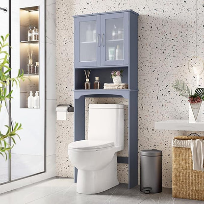 Yaheetech Over The Toilet Storage Cabinet, Free Standing Toilet Rack with Adjustable Shelves and Tempered Glass Doors for Bathroom Washroom, Grey