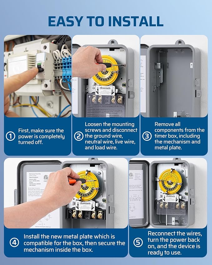 DEWENWILS T104M 24-Hour Mechanical Timer Switch (Mechanism Only), 120VAC SPST, 2HP 40A Pool Pump Timer Replacement, Heavy Duty, Manual Override, 2 ON/Off Time Switch for Pool Pump, Water Heater