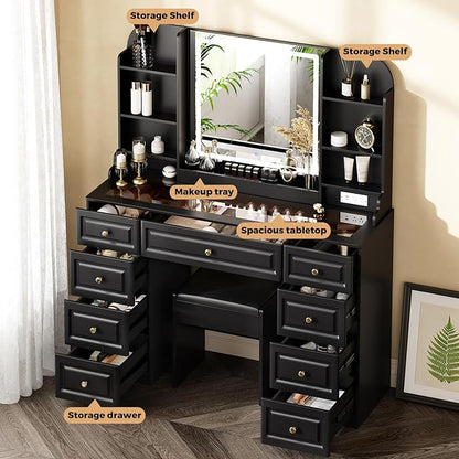 43" Makeup Vanity Desk with Mirror and Lights, & Power Outl, Glass Top Big Vanity Table with 9 Drawers& 8 Storage Shelves, Dressing Table Set with Chair for Bedroom, Black