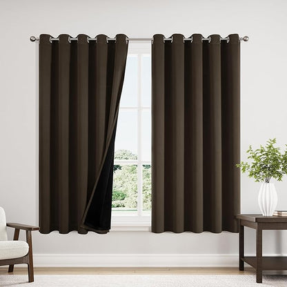 ChrisDowa 100% Blackout Curtains 63 inch Long for Bedroom with Black Liner, Extra Wide 2 Thick Layers Total Blackout Thermal Insulated Grommet Window Curtains 2 Panels Set (Brown, 60 x 63 Inch)