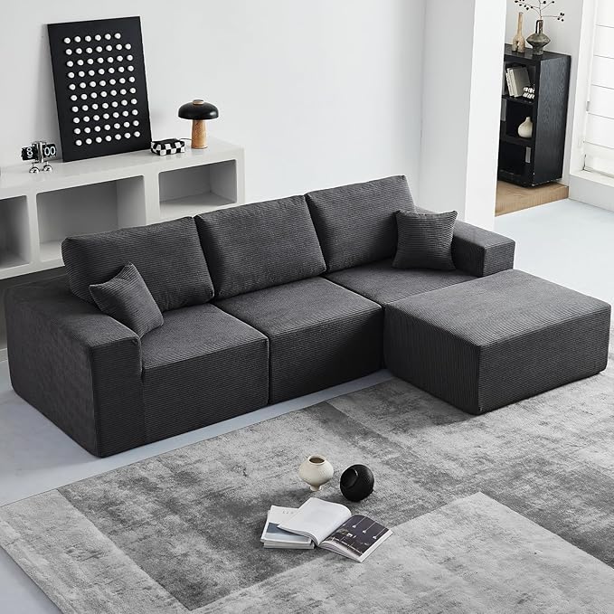 INGEROOM 108" Cloud Sectional Couch, Modular Sectional Sofa with L-Shaped Chaise, Modern Plush Corduroy Couch for Living Room Bedroom, No Assembly Required, Deep Seating Floor（Dark Gray）