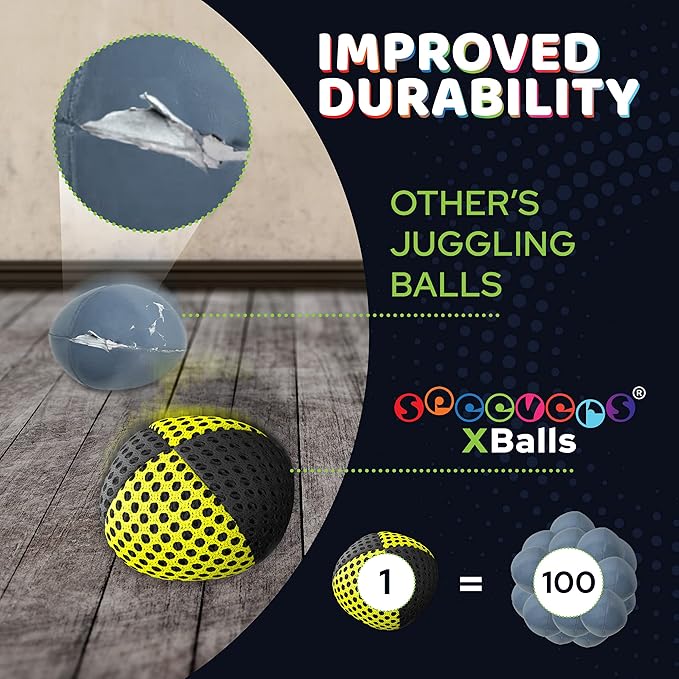 speevers Juggling Balls for Beginners and Professionals Set of 3, 14 Colors Available, 2 Layers of Net and Carry Case, Xballs Juggling Balls (Black - Yellow, 3.9 oz)