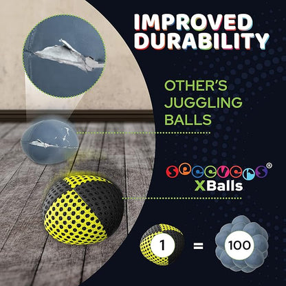speevers Juggling Balls for Beginners and Professionals Set of 3, 14 Colors Available, 2 Layers of Net and Carry Case, Xballs Juggling Balls (Black - Yellow, 3.9 oz)