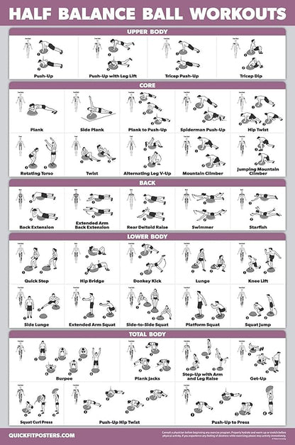 2 Pack: Half Balance Ball Workout Poster + Yoga Ball Exercise Chart - Set of 2 Workout Posters