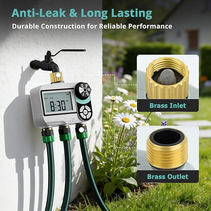 QUOBAS Brass Sprinkler Timer for Garden Hose, Programmable Water Timer for Hose Faucet with Child Lock, Rain Delay/Auto/Manual 3 Modes, Large Waterproof Screen, 3 Zone Independent Watering