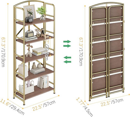 No-Assembly Folding Gold Bookshelf Storage Shelves 5 Tiers Vintage Multifunctional Plant Flower Stand Storage Rack Shelves Bookcase for Home Office