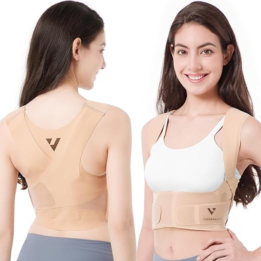 Vicorrect Adjustable Posture Corrector for Women: Comfortable Fit for Body Types - Invisible Under Clothes Wearable for Sitting and Exercise - Helps with Upper Back Shoulder Neck Pain (Beige, Medium)