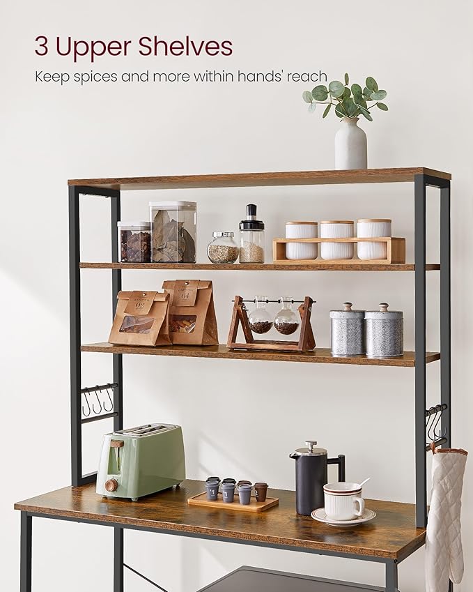 VASAGLE Coffee Bar, 39.4 Inches Baker's Rack for Kitchen with Storage, 6-Tier Kitchen Shelves with 6 Hooks, Microwave Stand, Industrial, Rustic Brown and Black UKKS039K01