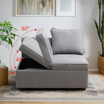 Convertible Ottoman Sofa with Storage, Modern Sackcloth Futon Couch with 2 Pillows Adjustable Backrest, Recliner Folding Loveseat for Living Room, Apartment Dorm, Office,Grey