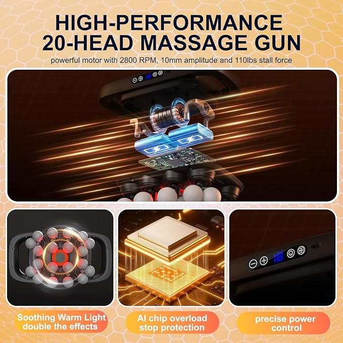 Mekanic 20-Head Massage Gun Deep Tissue with Soothing Warmth, 3 Modes & 30 Intensities, Quiet Multi-Head Back Massager for Pain Relief, Electric Percussion Muscle Massager for Neck, Shoulders,and Legs