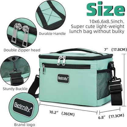 BEIMILY Lunch Box for Men/Women,Small Insulated Lunch Bag,Reusable LunchBox for work Picnic Hiking Beach,Leakproof Soft Cooler Tote Bag Organizer with Adjustable Shoulder Strap for Adults (Green Mint)