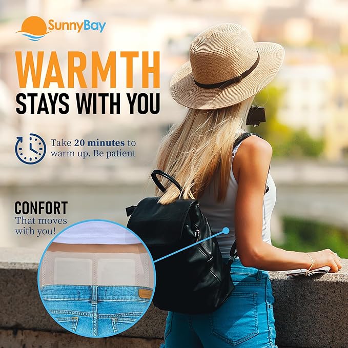 SunnyBay 24-Pack Air-Activated Wearable Heat Patches for Back Pain – Self-Supporting with 4 Belts (No Sticky Back) – Heating Pads for Cramps, Neck, Shoulder – Up to 113°F Warmth