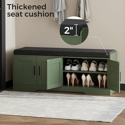 2-Tier Storage Bench, Shoe Bench with Thickened Padded Seat Cushion, Entryway Bench with 4 Doors, Adjustable Shelf, 13.8" D x 45.3" W x 18.5" H, for Entryway, Living Room, Bedroom, Green