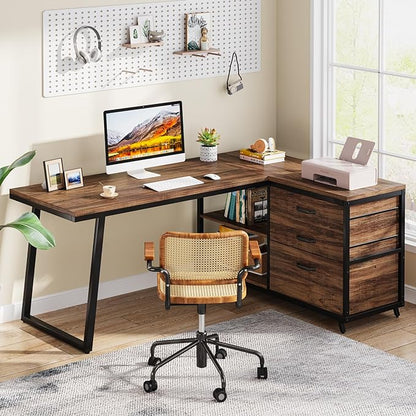 Tribesigns L-Shaped Computer Desk with 3 Drawers, Reversible Corner Home Office Desk with Shelves, 53-Inch Industrial PC Desk Study Writing Table Workstation for Small Space, Rustic Brown