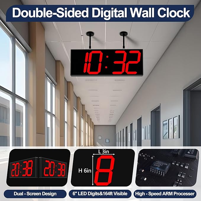CHKOSDA 19" Double Sided Digital Wall Clock Large, Remote Controlled LED Dual Face Clock with Red Digits, 16 Alarms & Timer, Heat-Resistant Frame for Warehouse, Factory, Garage, AC Powered.