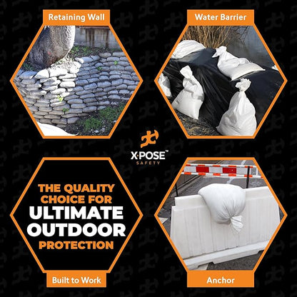 Xpose Safety Heavy Duty Sand Bags with Tie Strings – Empty Woven Polypropylene Sandbags for Hurricane Flood Protection, 100 lb Capacity, 14" x 26", White, Pack of 25