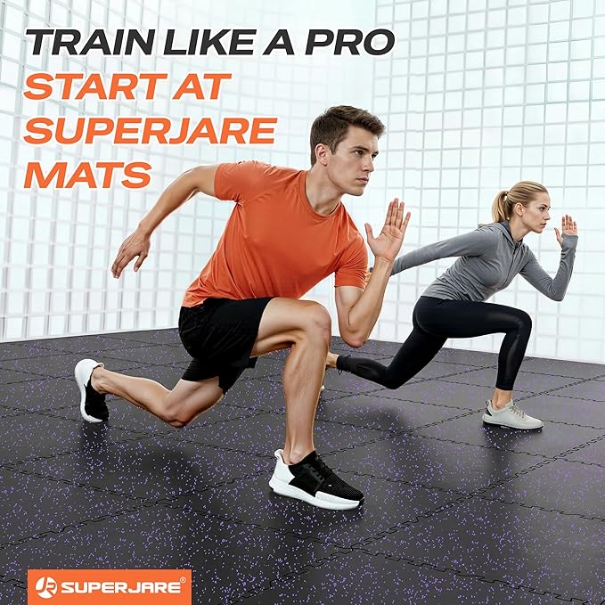SUPERJARE 0.56'' Thick 12 Pcs 48 Sq Ft Rubber Top Exercise Equipment Mats, High Density EVA Foam Mats with Rubber Top, Interlocking Gym Flooring for Home Gym, Protective Workout Mat, Black/Purple