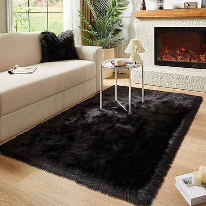 AMTOVO Faux Fur Sheepskin Rug for Living Room, 4 x 6 ft Black Fluffy Area Rug for Bedroom, Playroom, Luxury Room Decor, Rectangle