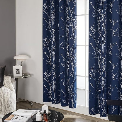Deconovo Blackout Curtains, Navy Blue Curtain, Thermal Insulated Soundproof Drapes, Branch Silver Print, 52 x 72 Inch Long, Machine Washable Grommet Panels for Bedroom Living Room Office, Set of 2