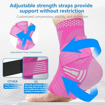DRNAIETY Copper Ankle Brace for Men & Women - 1 Pair Adjustable Ankle Support Compression Sleeve for Plantar Fasciitis, Achilles Tendonitis, Foot Pain, Swelling, Sprains - Everyday Use (Purple, Large)