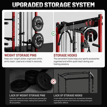 JELENS Smith Machine for Home Gym, Multi-Function M12 Power Cage with Cable Crossover System, Squat Rack with Smith Bar and More Attachment