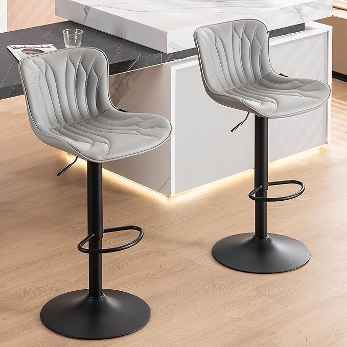 YOUNUOKE Bar Stools Kitchen Chiair Set of 2 Swivel Counter Height Barstools Adjustable Faux Leather Island Chairs Modern Metal Bar Stool with Back, Light Grey