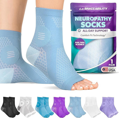 BraceAbility Neuropathy Socks (Pair) - Peripheral Neuritis Compression Diabetic Toeless Foot Sleeves for Nerve Damage Pain in Feet, Ankle Gout, Plantar Fasciitis Relief Brace for Men and Women (M - Light Blue)