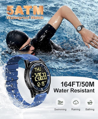 Beeasy Digital Watch for Men Women, 50M Waterproof, Ultra-Thin & Lightweight, 44mm Silicone Sports Watch with Alarm, Stopwatch, Countdown, Ideal for Gym, Running, School, Daily Wear