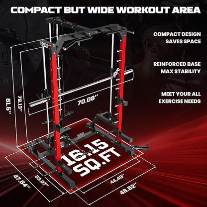 JELENS SR01 Smith Machine, 2000LBS Multi-Function Power Cage with LAT Pulldown System, All-in-One Home Gym Squat Rack with Smith Bar and Training Attachments for Full Body Workouts