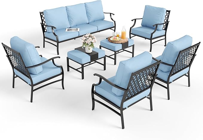 Patio Furniture Set 7 pcs, Outdoor Patio Furniture, 3-Seat Sofa, 4 Single Chairs, 2 Ottomans and 5.75" Extra Thick Cushion, Patio Conversation Set for Garden Backyard Deck,Blue