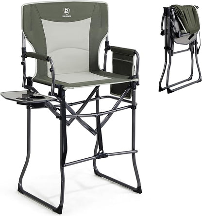 EVER ADVANCED Portable 30.7" Seat Height Tall Folding Camping Chair Directors Chair High Foldable Bar Stool with Side Table for Makeup Artist, Sports Event, Craft Show, Supports 350LBS Green Grey