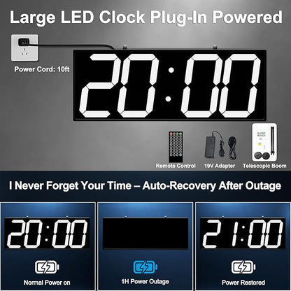 CHKOSDA 19" Double Sided Digital Wall Clock Large, Remote Controlled LED Dual Face Clock with White Digits, Auto-Dimming, Heat-Resistant Frame for Hospital, Office, School, AC Powered.