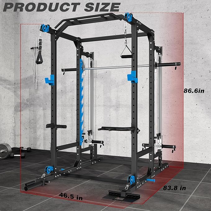 ULTRA FUEGO Power Cage with Cable Crossover/Smith Machine System LAT-Pull Down System Power Rack Squat Rack Training Attachments for Home Gym