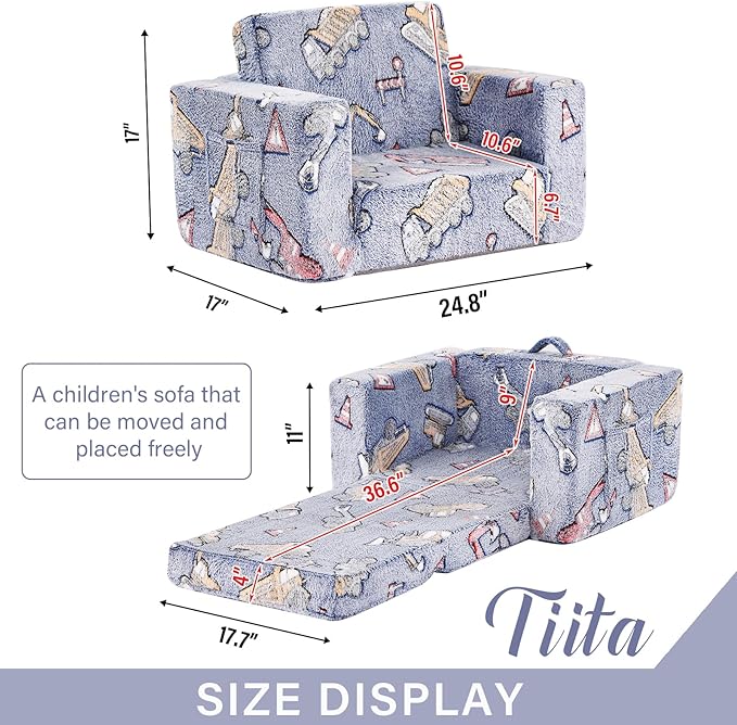 Tiita Kids Chair Couch, Folding Toddler Comfy Sofa Chairs, 2-in-1 Kids Plush Sofa Fold Out, Baby Armrest Chair to Lounger, Convertible Play Sofas to Bed for Girl or Boy, Vehicles