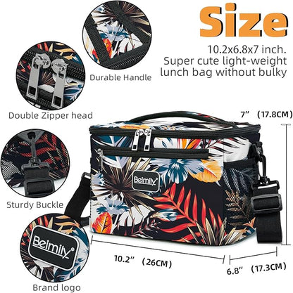 BEIMILY Lunch Box for Men/Women,Small Insulated Lunch Bag,Reusable LunchBox for work Picnic Beach,Leakproof Soft Cooler Tote Bag Organizer with Adjustable Shoulder Strap for Adults(plantflowers)