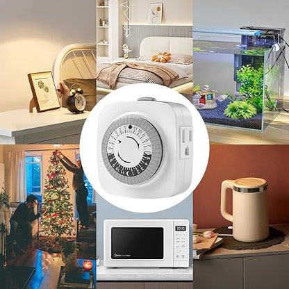 24 Hour Indoor Mechanical Timer with 2 Ground 3 Plug Socket Timer，30 min Daily on/Off Cycle for Lamps, Christmas Tree Lights, ETL Certified, White，2 Pack