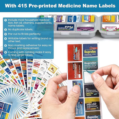 3 Pack 14 Grids Travel Pill Organizer Box with 415-Pcs Medicine Name Labels - Pocket Daily Pharmacy Case Container Kit - Travel Medication Holder Dispenser for Fish Oil Vitamin, Khaki+Grey+Sky Blue